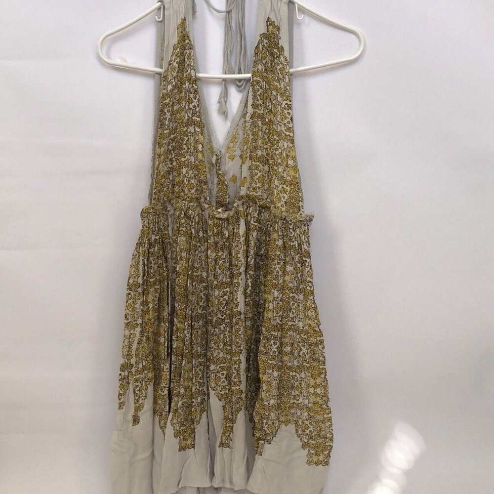 Free People Mini Dress Green/Beige Floral on off-white background. NEW